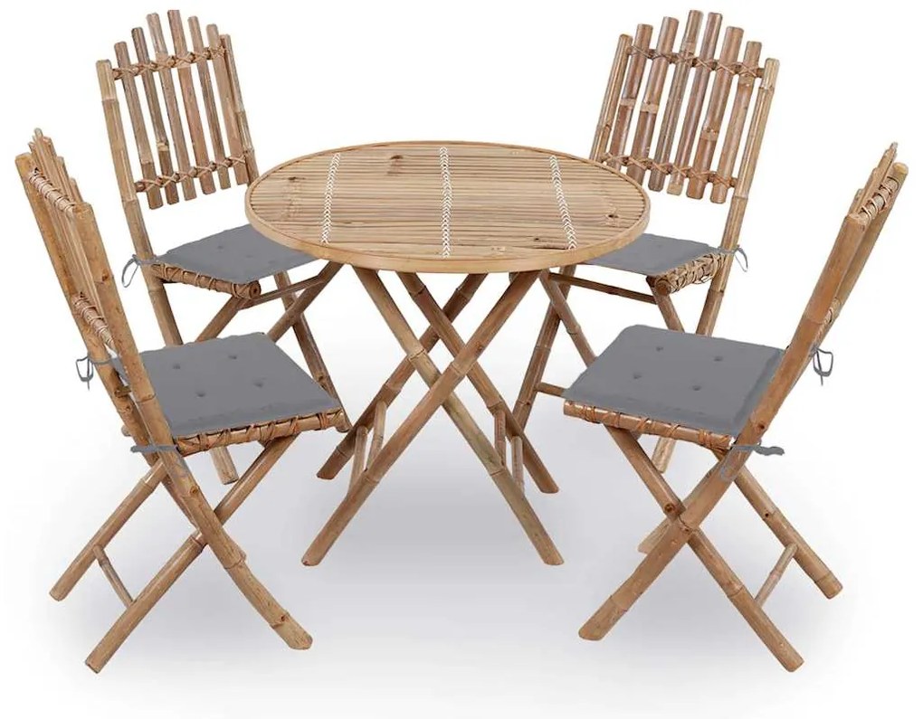 5 pcs conj. de jantar dobrável c/ almofadões p/ exterior bambu