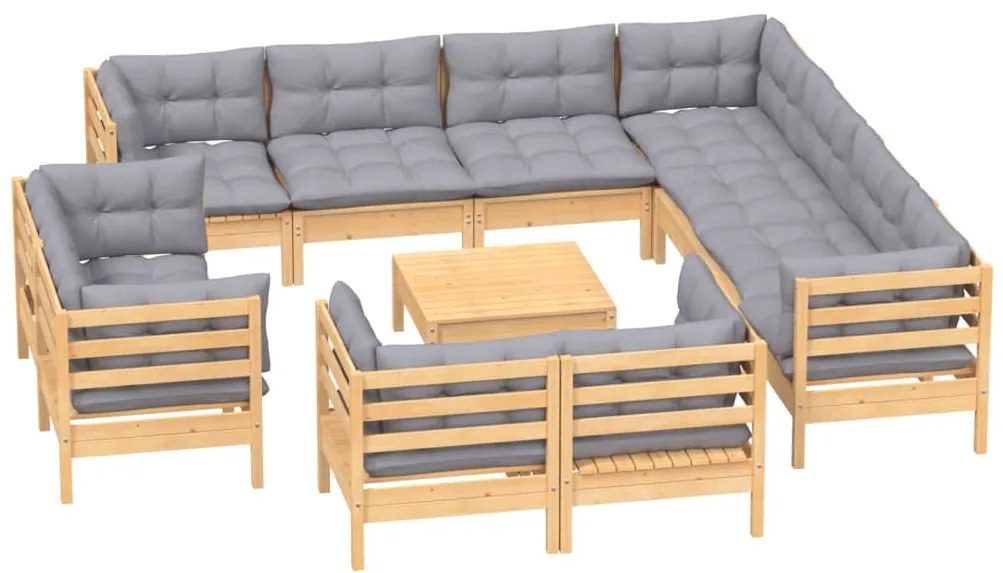12pcs conjunto lounge de jardim + almofadões cinza pinho maciço