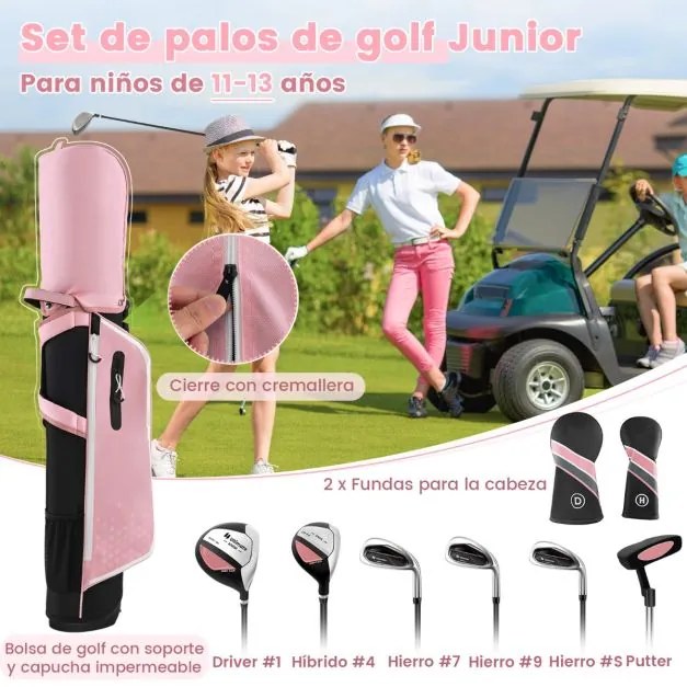 Conjunto de tacos de golfe para crianças dos 11 aos 13 anos, incluindo saco de apoio com capuz para chuva Driver n.º 1 Híbrido n.º 5 Ferros e Putter n