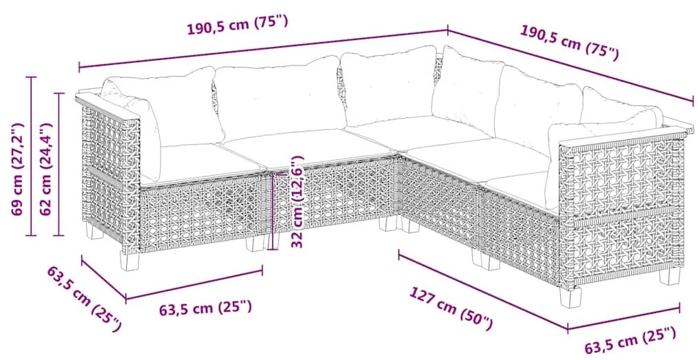 5 pcs conjunto de sofás p/ jardim com almofadões vime PE bege