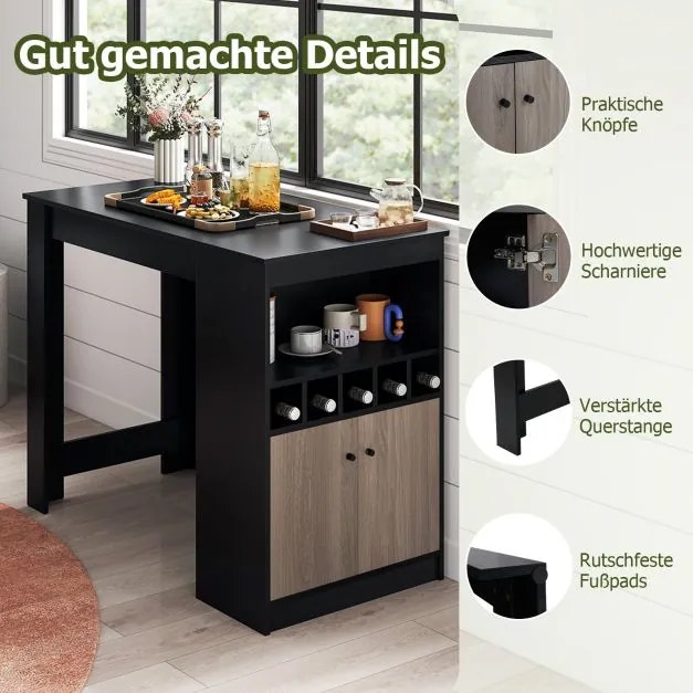 Mesa de bar, cozinha com prateleiras para vinhos 120 x 60 x 91,5 cm e compartimentos abertos e 2 portas, para 2 pessoas Preto + Cinza