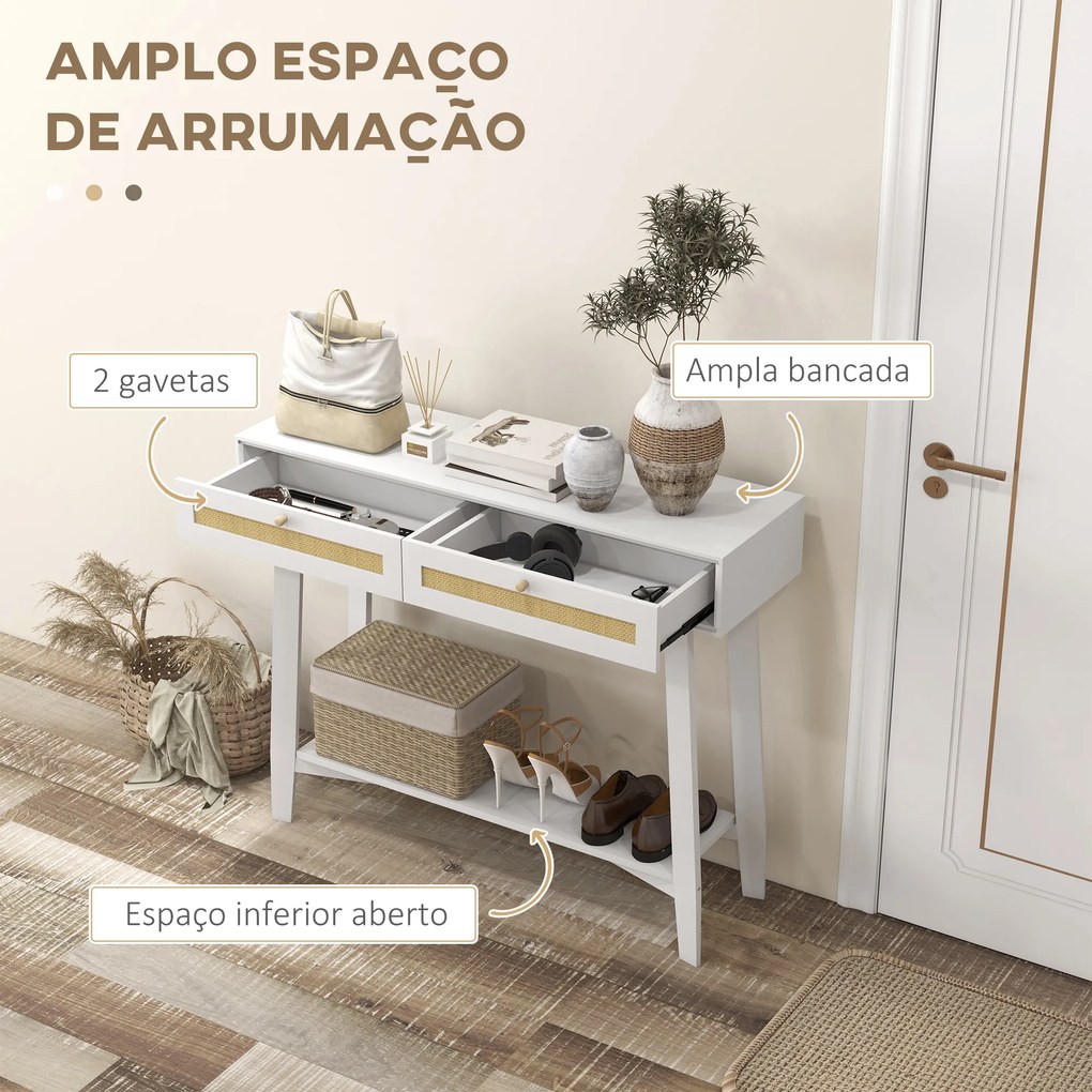 Mesa Consola para Entrada Mesa de Entrada com 2 Gavetas de Desenho de Vime para Sala Corredor 100x30x81 cm Branco