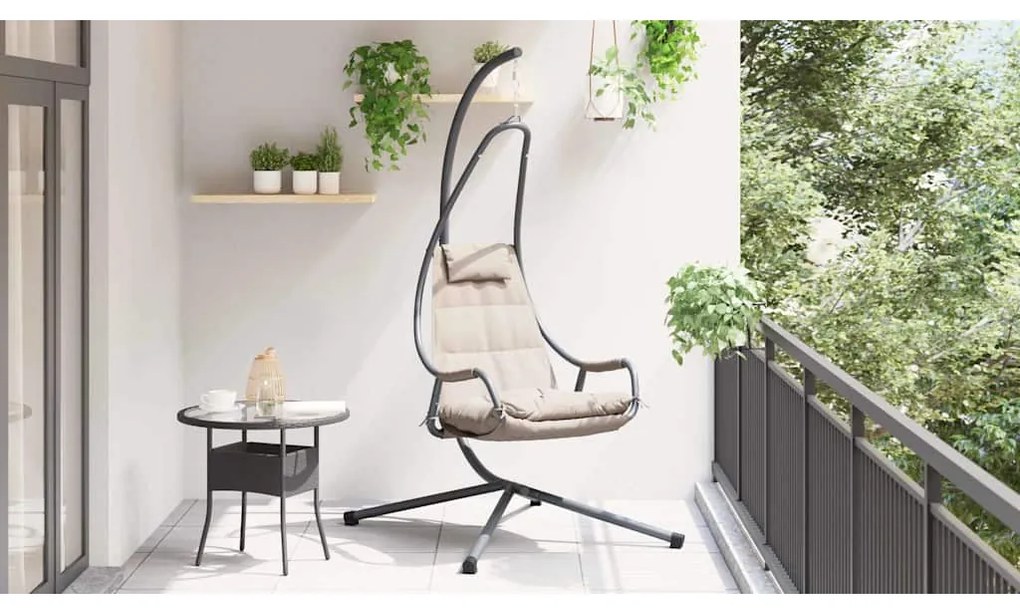 Cadeira Suspensa com Suporte e Almofada Taupe de Aço