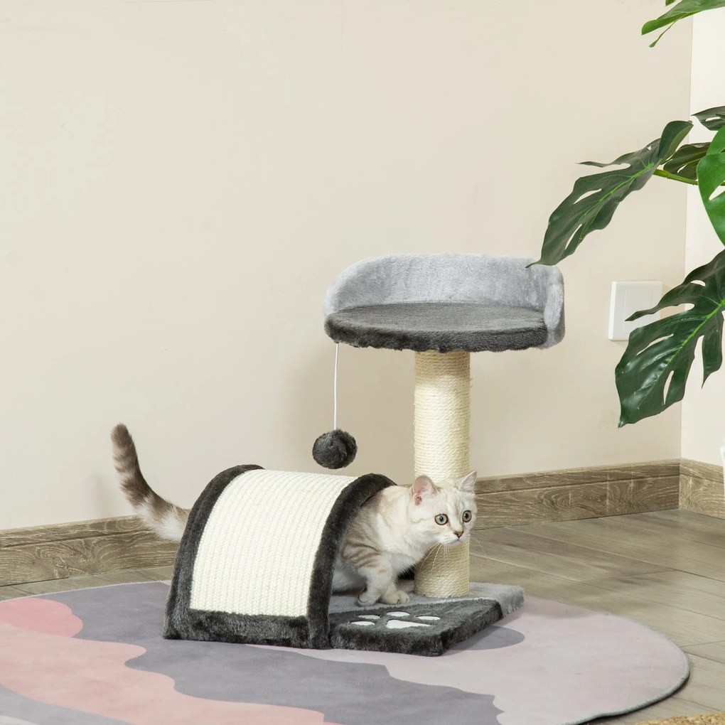 PawHut Árvore Arranhador para Gatos de 2 Níveis com Poste e Tapete de Arranhar Cama e Bola Suspensa 35,5x37x46 cm Cinza