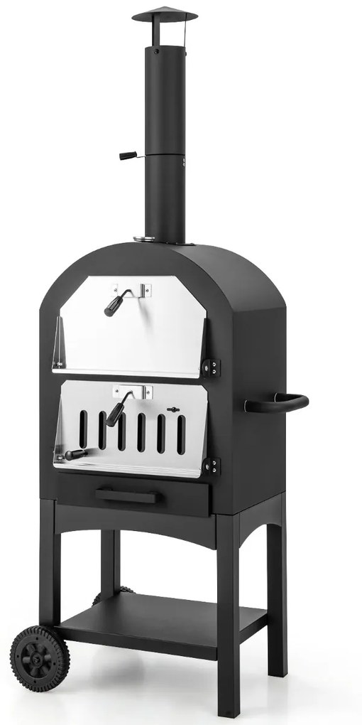 Forno de pizza portátil com termómetro incorporado Pega Rodas práticas Cobertura impermeável Gaveta para recolha de cinzasde Recolección de Cenizas