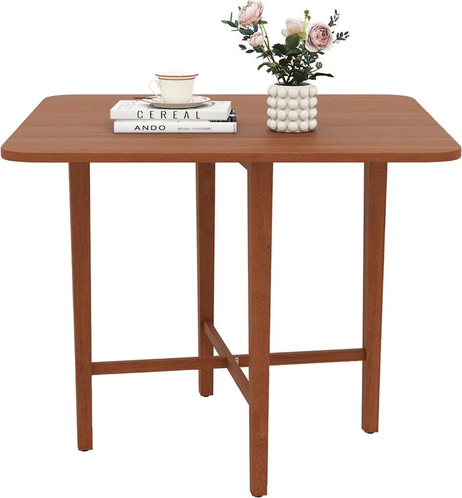 Mesa de jantar 90 x 90 x 74,5 c quadrada dobravel de madeira com 2 painéis rebatíveis e pernas de madeira maciça para sala de estar Cor Nogueira