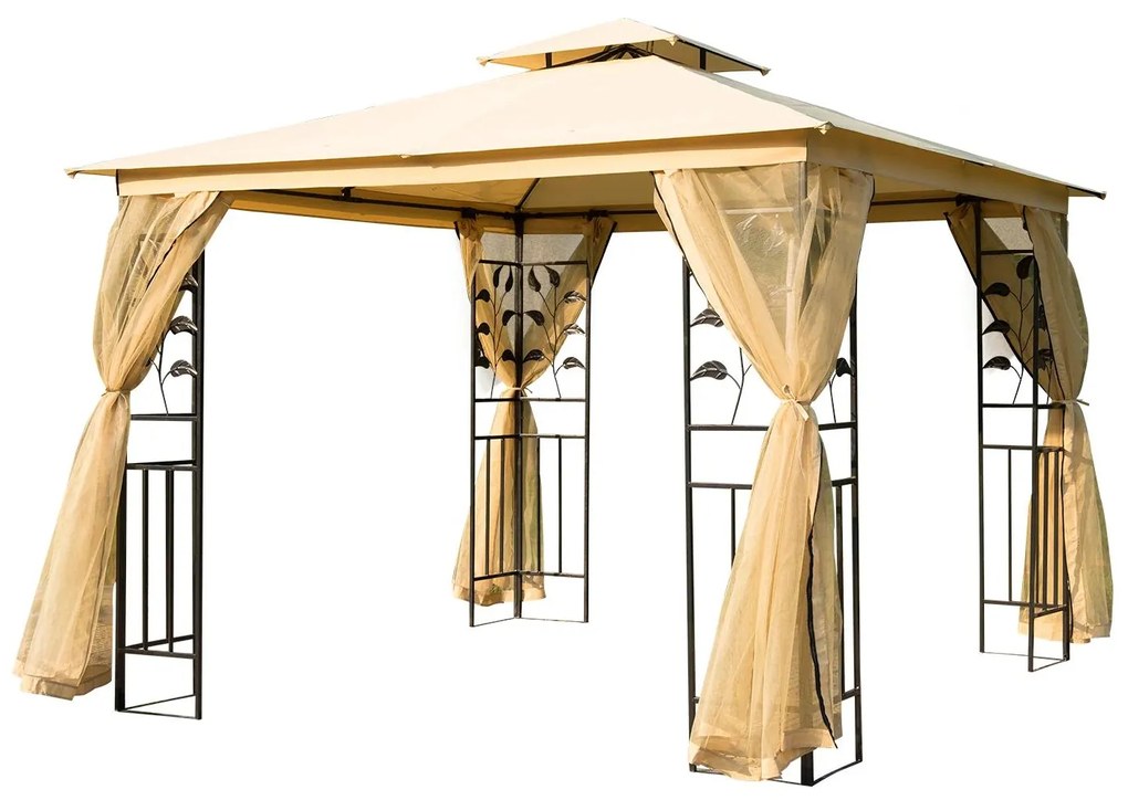 Outsunny Pérgola de Jardim  Pérgola de Exterior com Teto Duplo Mosquiteira e Orifícios de Drenagem 300x300x265 cm Bege