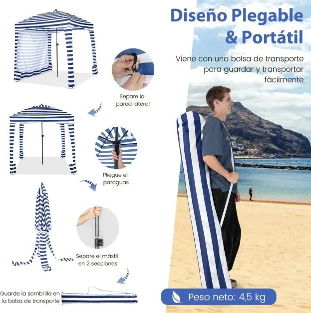 Tenda de praia portátil 183 x 183 x 215-240 cm com parede lateral amovível Saco de transporte 8 sacos de areia Proteção solar Exterior Azul + Branco