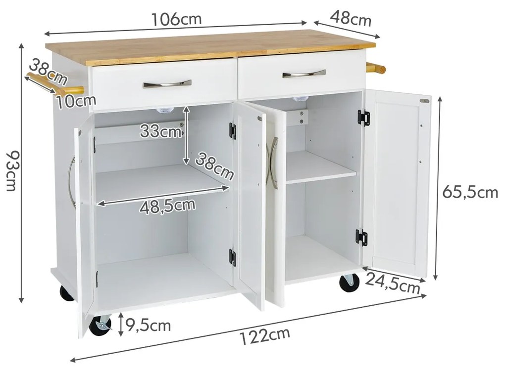 Carrinho para ilha de cozinha com tampo de madeira Estantes ajustáveis 2 gavetas grandes 122 x 48 x 92,5 cm Branco