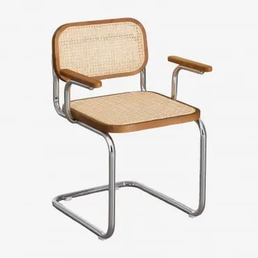 Pack De 4 Cadeiras De Jantar Com Braços Em Rattan E Aço Tento Madeira Escura & Cinza Cromado - Sklum