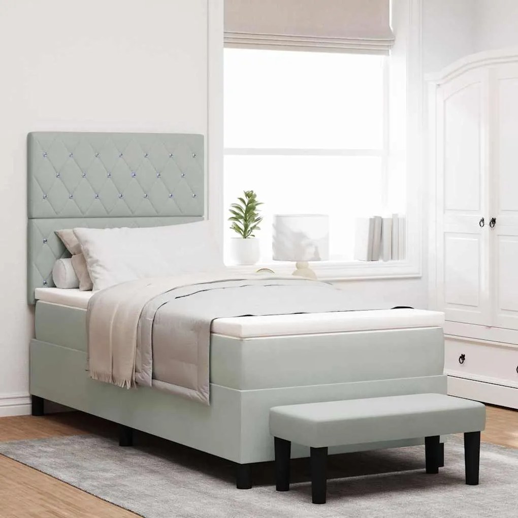 vidaXL Cama Box Spring com Colchão &amp; Banco Cinzento-claro 90x200 cm Veludo