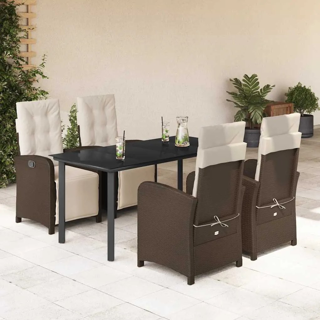 5 pcs conjunto jantar p/ jardim c/ almofadões vime PE castanho