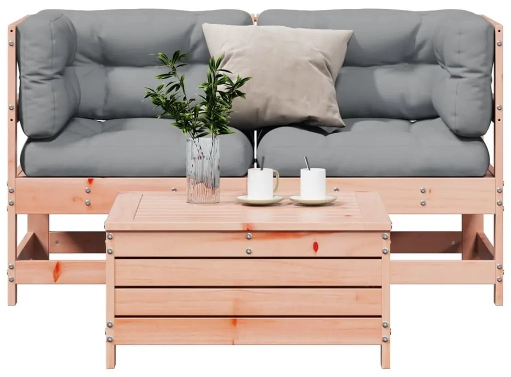 3 pcs conj. lounge jardim c/ almofadões madeira douglas maciça