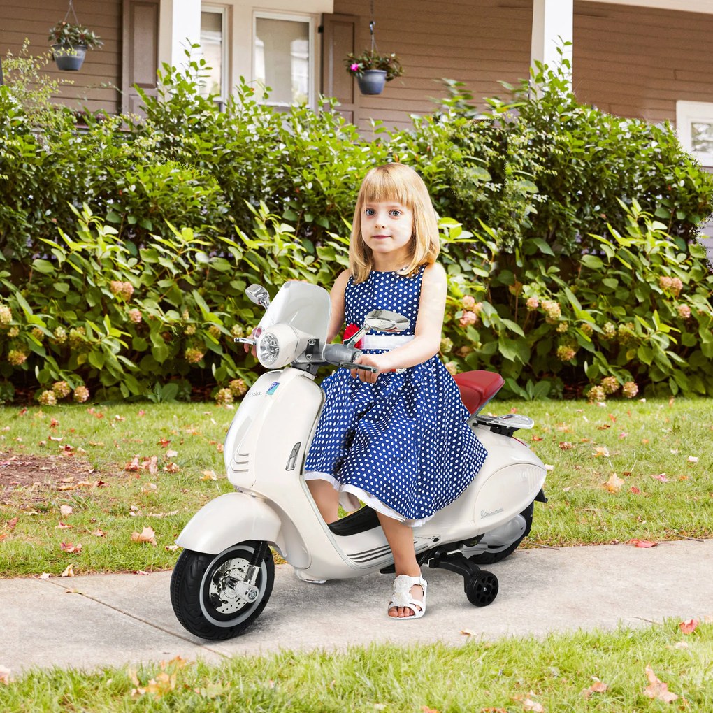 Scooter Vespa elétrica para crianças, 6 V, 108 L x 49 l x 75 H cm, música, buzina, 2 rodas auxiliares, 3-6 anos, Branca