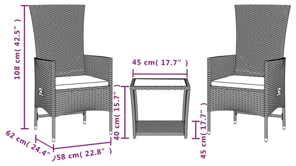 3 pcs conjunto de jantar p/ jardim com almofadões vime PE bege