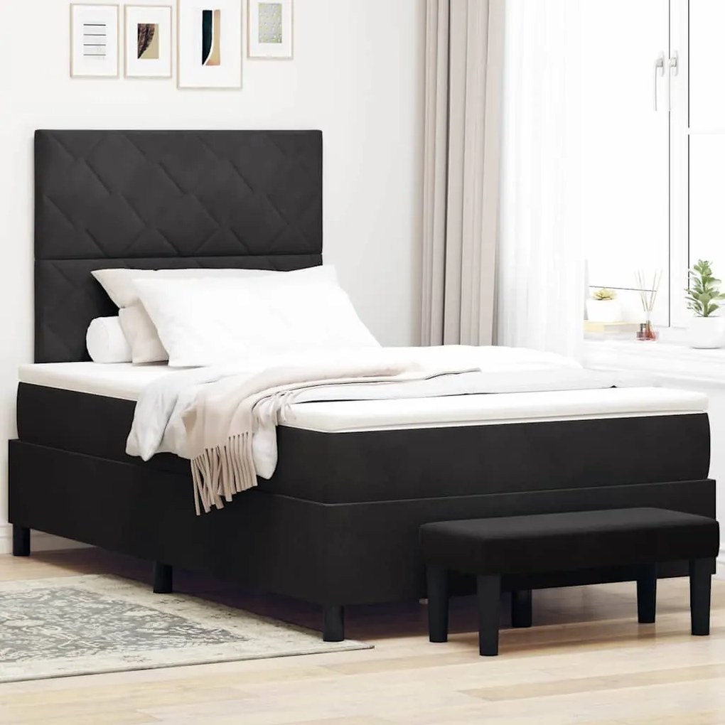Cama Box Spring com Colchão &amp; Banco Preto 120x190 cm Veludo