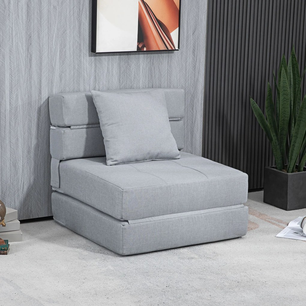 Poltrona-sofá-cama convertível de 1 lugar com 1 almofada com capa removível, tecido cinzento claro