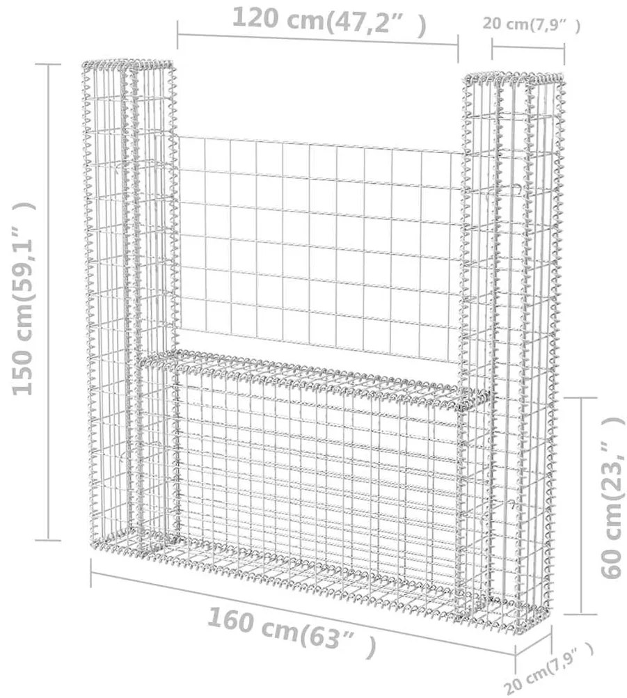 Cesto gabião em forma de U aço galvanizado 160x20x150 cm