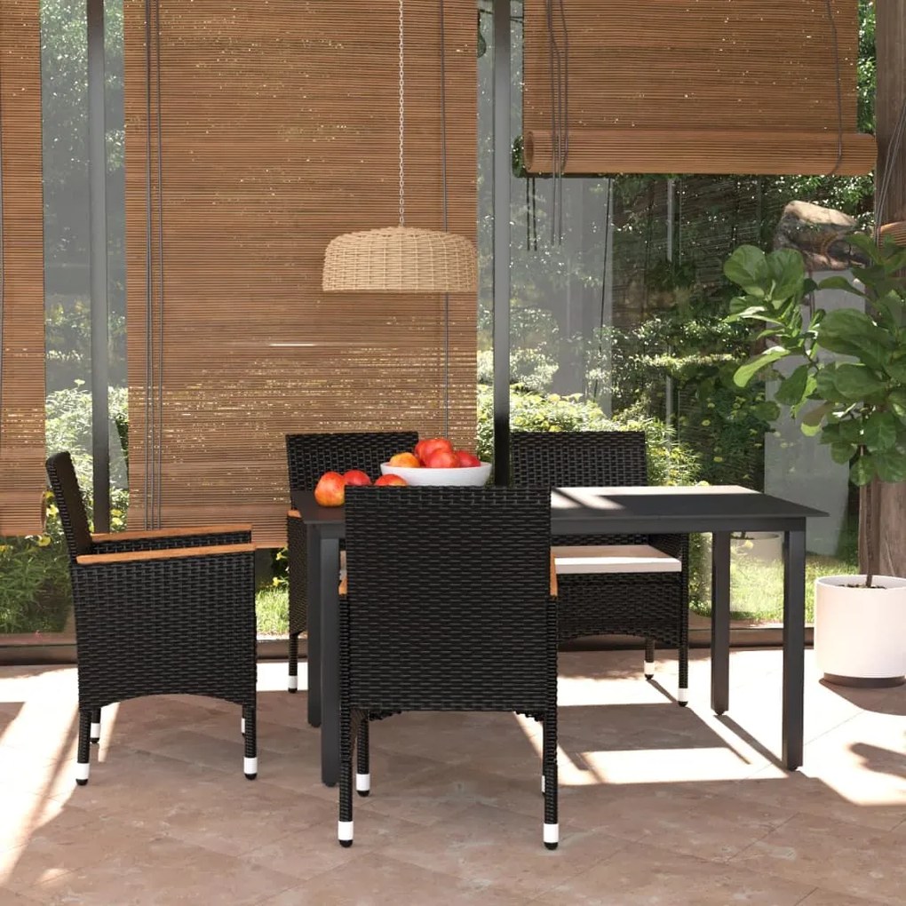 vidaXL 5 pcs conjunto de jantar p/ jardim c/ almofadões vime PE preto