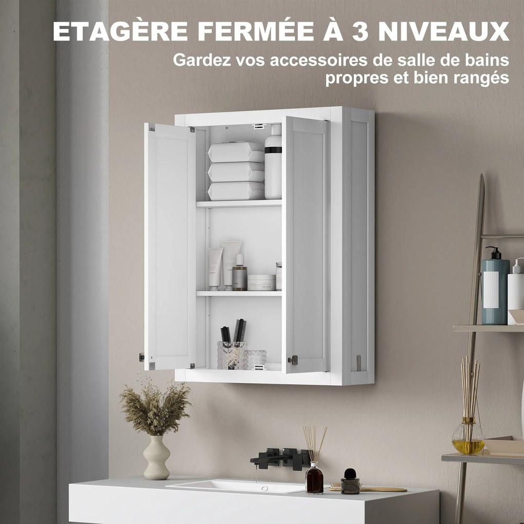 Armário de parede para casa de banho 61 x 20 x 84 cm com 3 níveis, móvel suspenso de arrumação com 2 portas e prateleira ajustável, branco