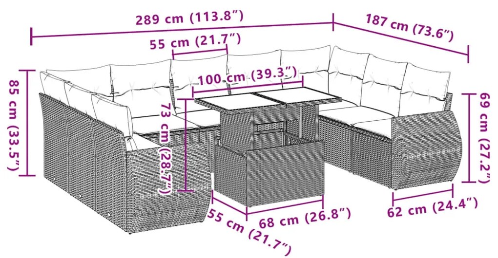 10 pcs conjunto de sofás p/ jardim com almofadões vime PE bege