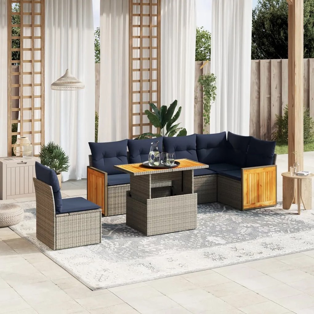 vidaXL 7 pcs conjunto sofás p/ jardim c/ almofadões vime PE cinzento