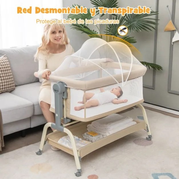 Berço de viagem para bebés com rede Altura ajustável Colchão Rede Cesto de armazenamento e rodas 101 x 56 x 89 cm Bege