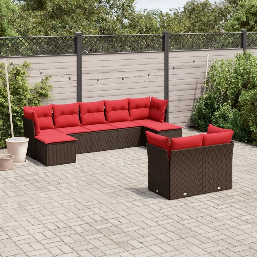vidaXL 9 pcs conjunto sofás p/ jardim c/ almofadões vime PE castanho