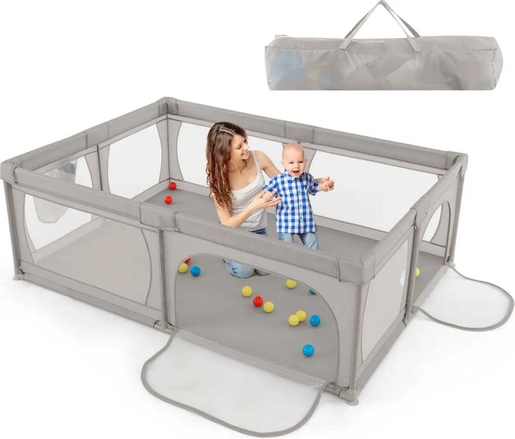 Parque para bebés 206 x 147 x 68,5 cm com rede respirável, bolsa de transporte, 50 bolas oceânicas e porta com fecho de correr  – Cinza claro