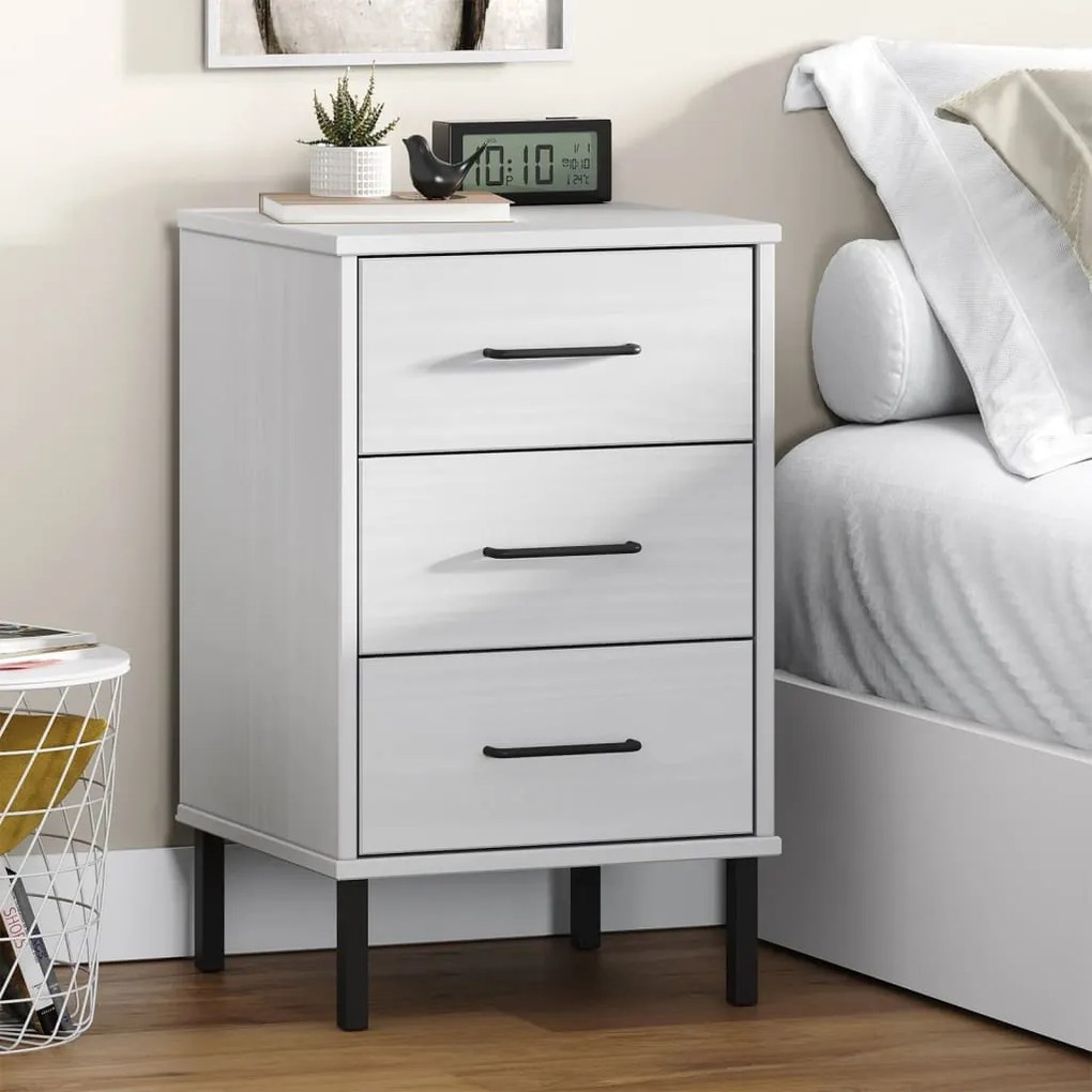 350978 vidaXL Mesa cabeceira c/ pernas de metal OSLO pinho maciço branco