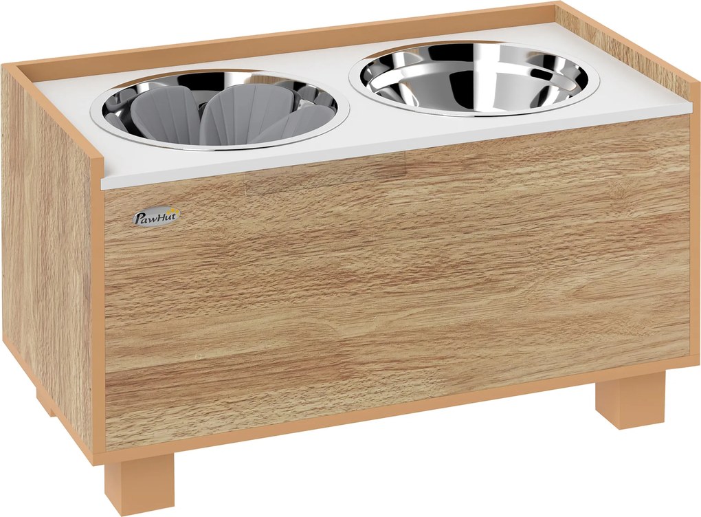 PawHut Comedouro para Cães Elevado com Sistema de Alimentação Lento Espaço de Arrumação 2 Tigelas de 2L de Aço Inoxidável 60x30x35,5 cm Madeira | Aosom Portugal
