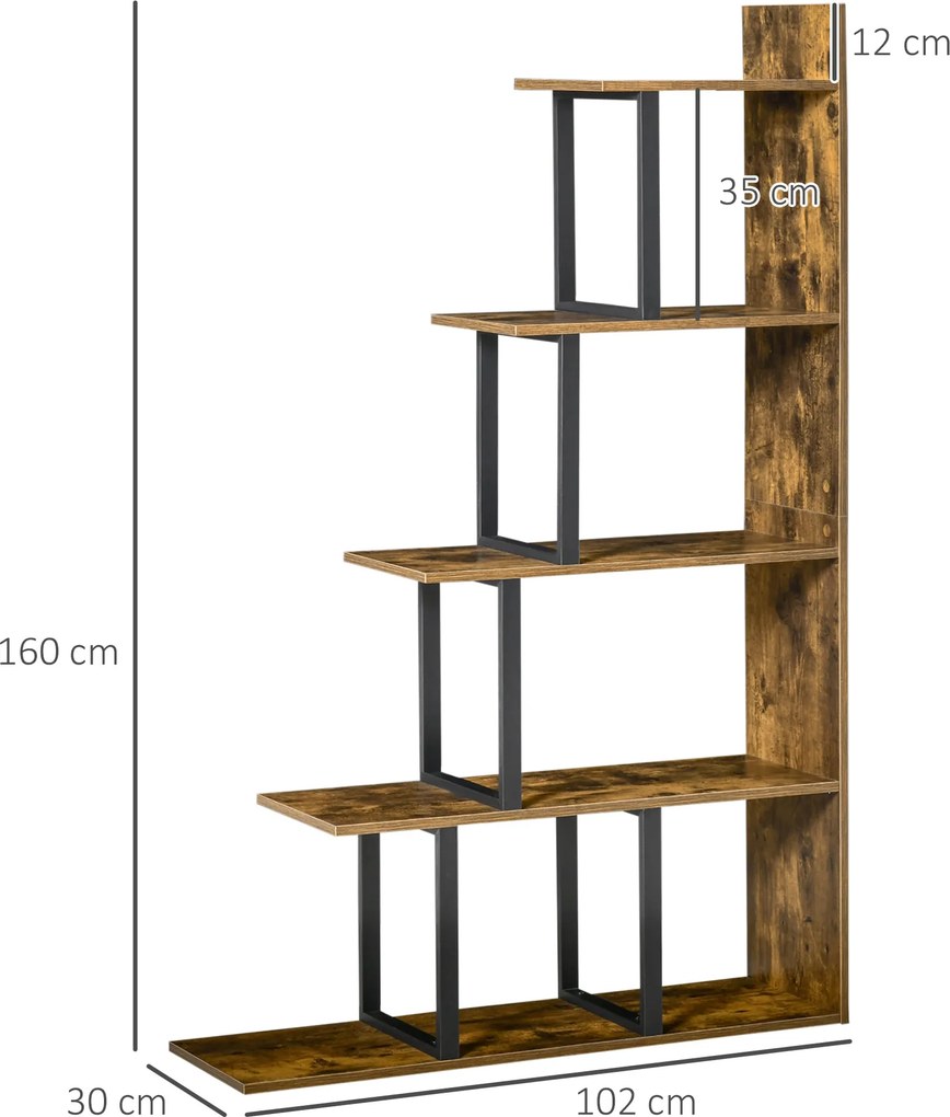 Estante em forma de escada, com 5 prateleiras, 102 x 30 x 160 cm, castanho rústico