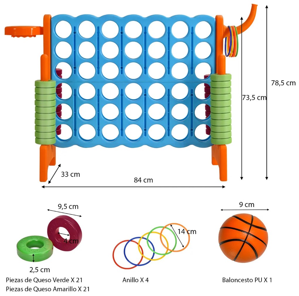 Jogo gigante Conecta 4 exterior 84 x 33 x 74 cm para crianças e adultos 74 cm com cesto e jogo de atirar argolas 42 peças Laranja