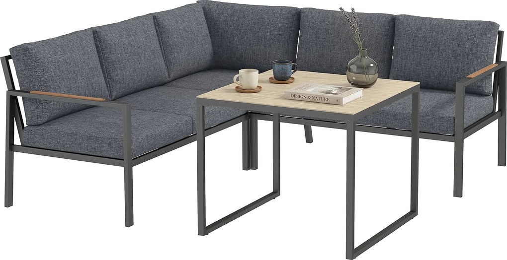 Conjunto de jardim de 3 peças para 5 pessoas, 2 sofás com almofadas grossas, 1 mesa de centro, 183 x 183 x 72 cm, cinzento escuro