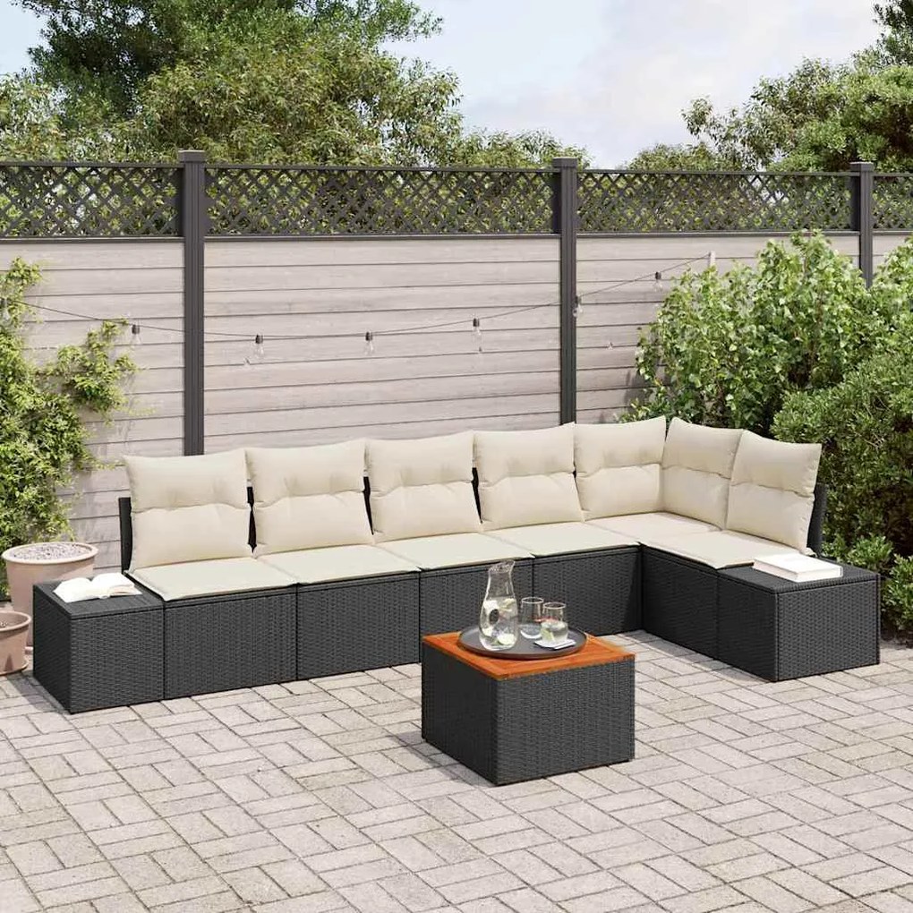 vidaXL Conjunto de Sofá de Jardim 7 pcs Preto e Creme vime PE