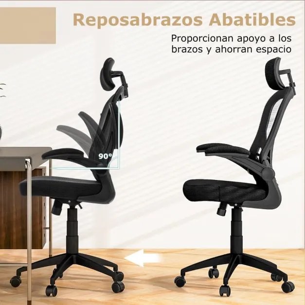 Cadeira de escritório ergonómica com apoios de braços dobráveis em rede Encosto ajustável e encosto basculante 66 x 66 x 114-124 cm Preto