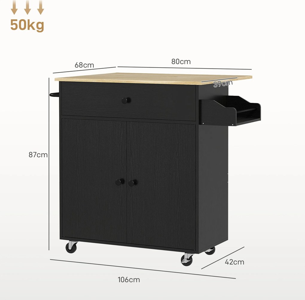 Ilha de Cozinha com Rodas Carrinho de Cozinha com Lateral Dobrável 2 P