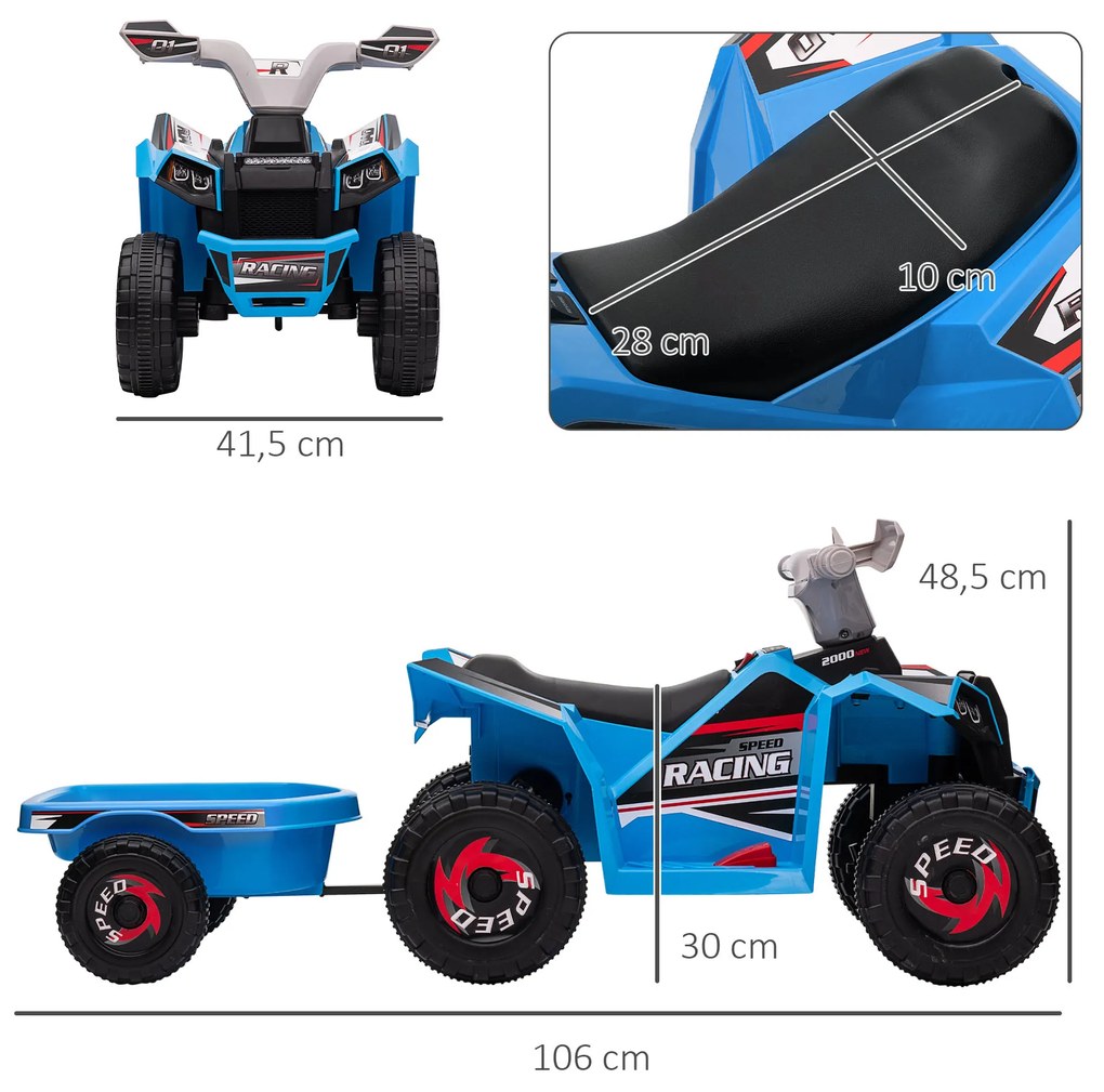 Moto 4 Elétrica para Crianças com Reboque Bateria 6V de 18-36 Meses com Velocidade 2,5 km/h 106x41,5x48,5 cm Azul
