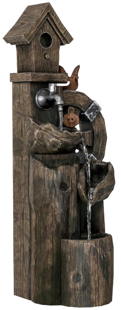 Outsunny Fonte de Jardim 2 em 1 com Casa para Pássaros Fonte de Água com Luzes LED Bomba Fonte Decorativa com Troncos de Árvore Multicor