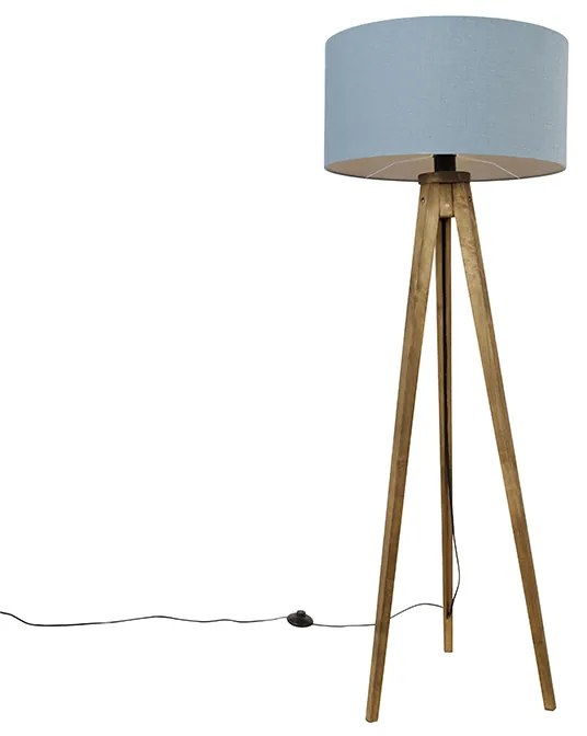 Candeeiro rústico tripé vintage em madeira com cúpula azul claro 50 cm - Tripod Classic Rústico