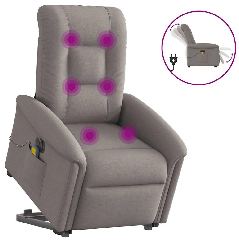vidaXL Poltrona elétrica elevatória massagens tecido cinza-acastanhado