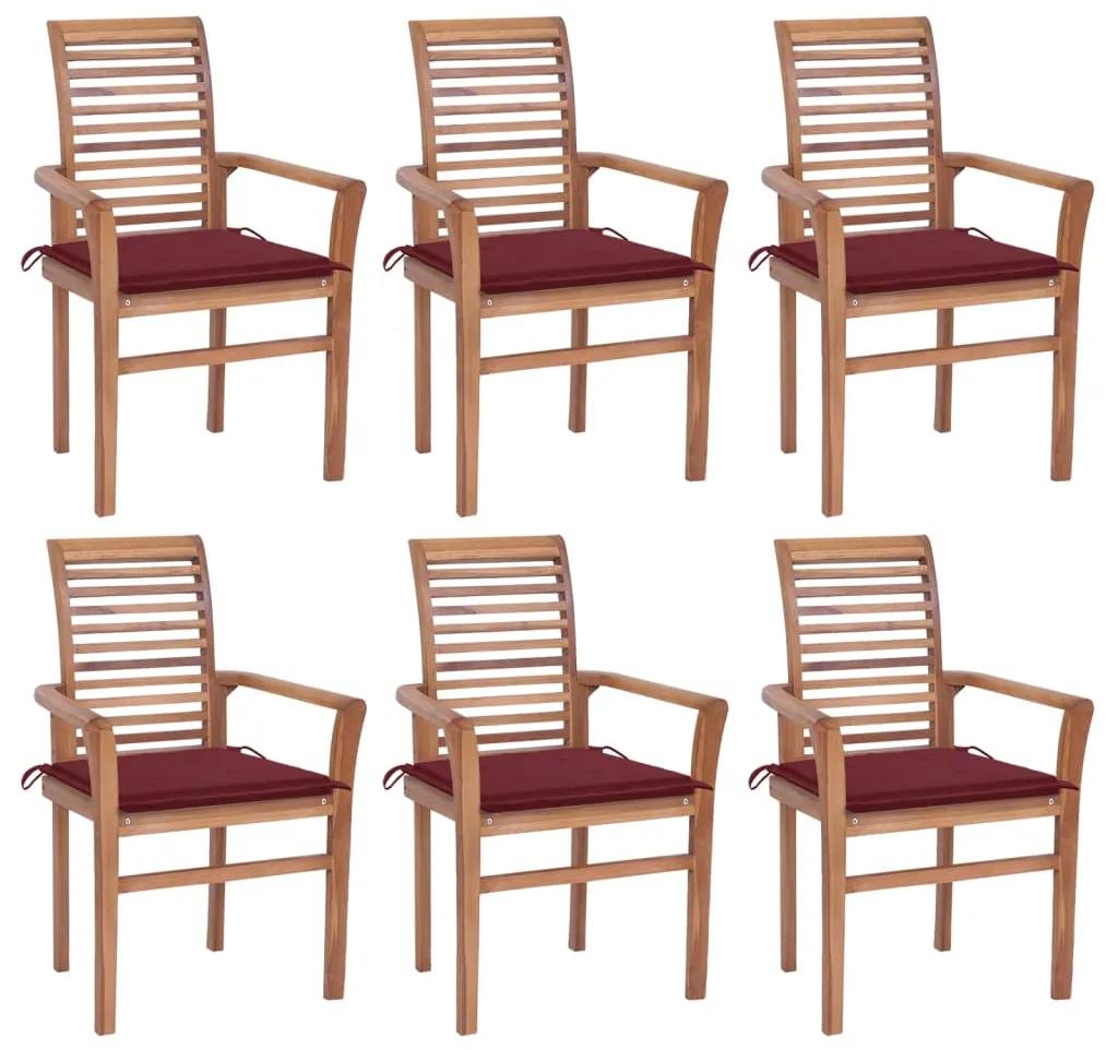Cadeiras jantar c/ almofadões vermelho tinto 6 pcs teca maciça