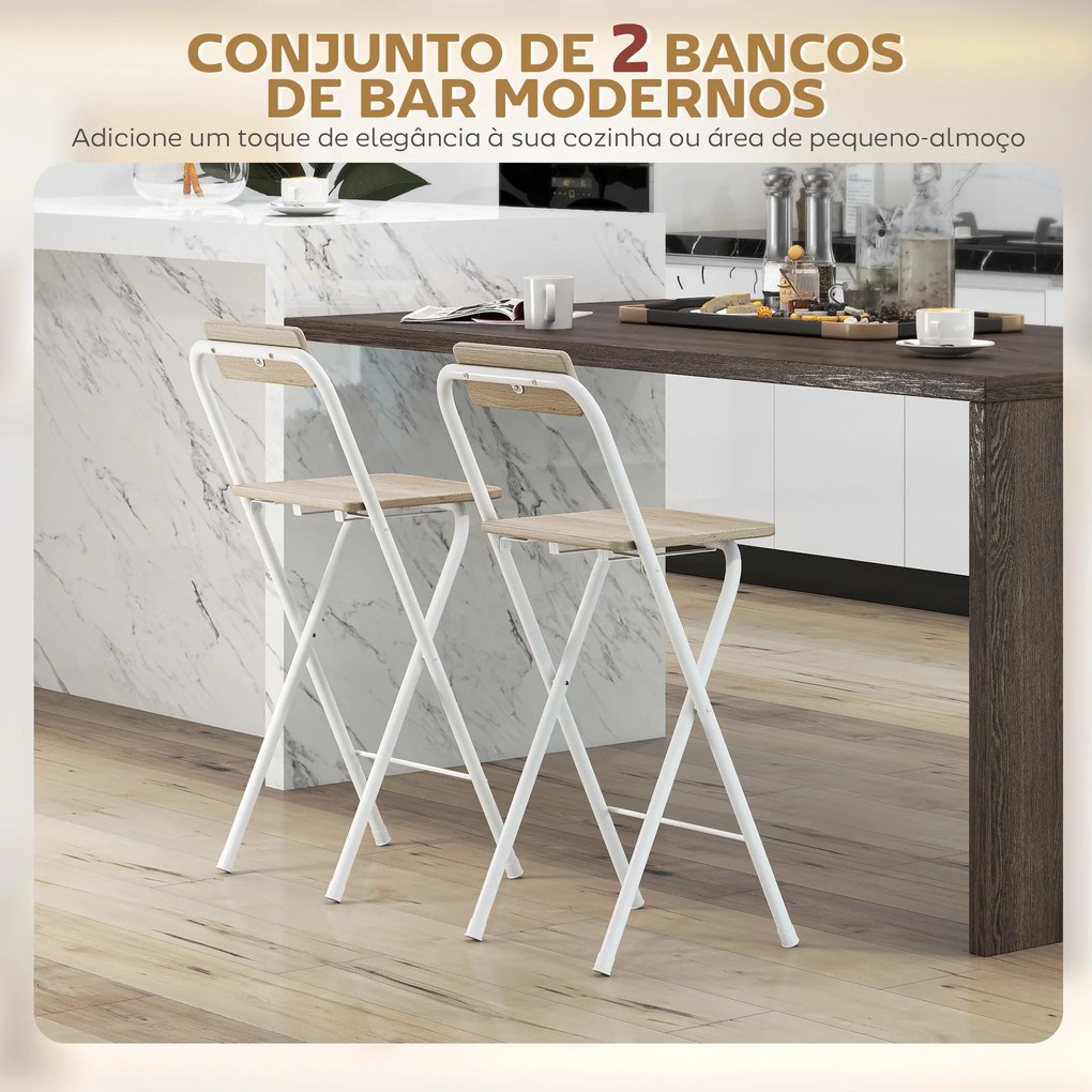 Conjunto de 2 Bancos de Bar Dobráveis Bancos Altos de Cozinha com Encosto Apoio para os Pés 37x45x87 cm Madeira