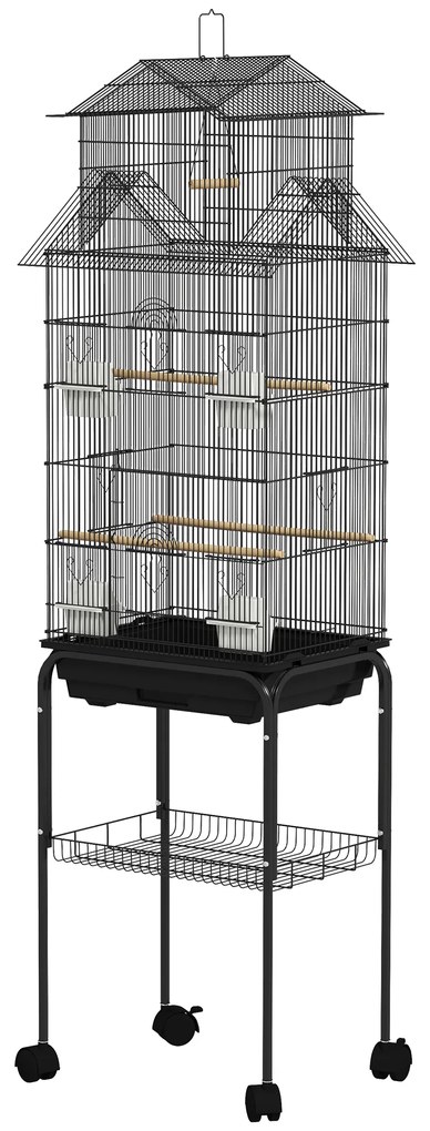 Gaiola de Metal para Pássaros com Bandeja Amovível Rodas 4 Comedouros 3 Poleiros e 1 Baloiço 50,5x41x163 cm Preto