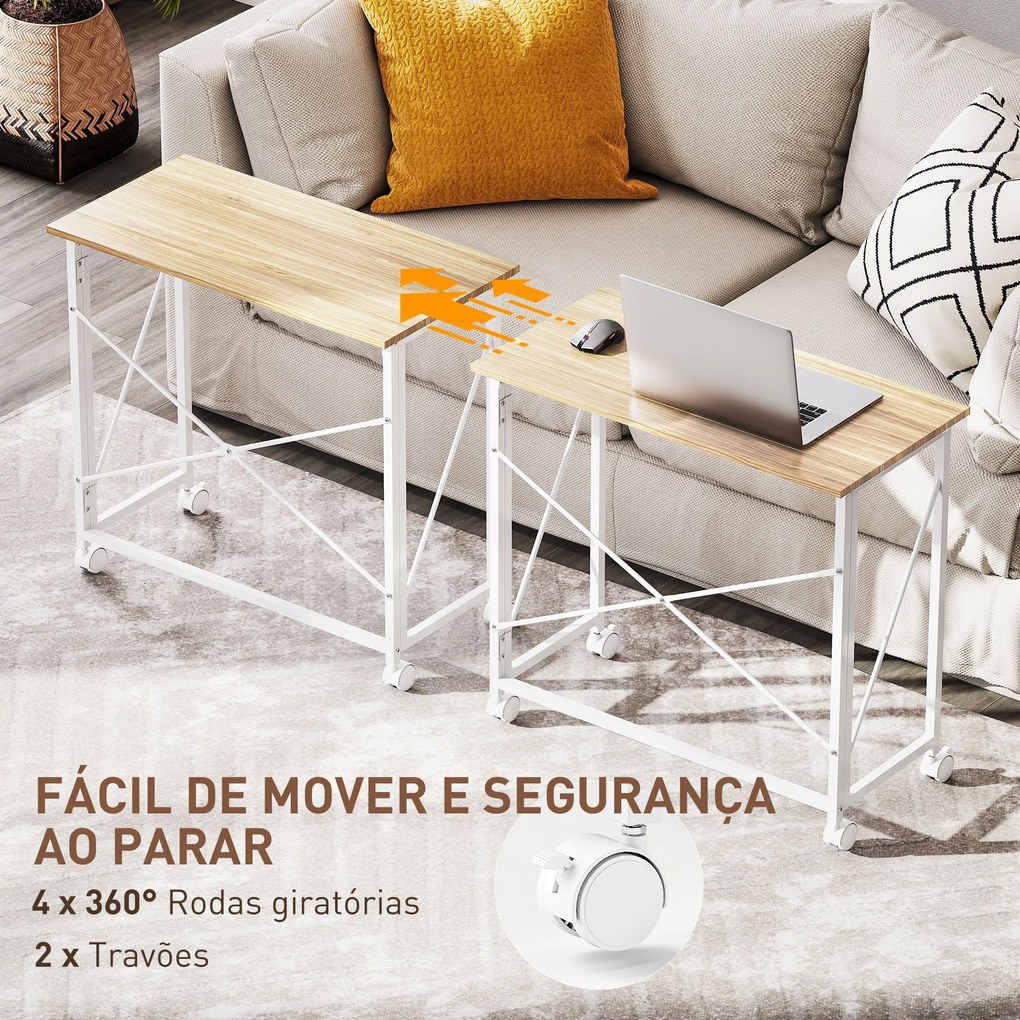 Secretária Dobrável com Rodas Mesa de Secretária Compacta Portátil para Espaços Pequenos 80x40x75 cm Madeira e Branco