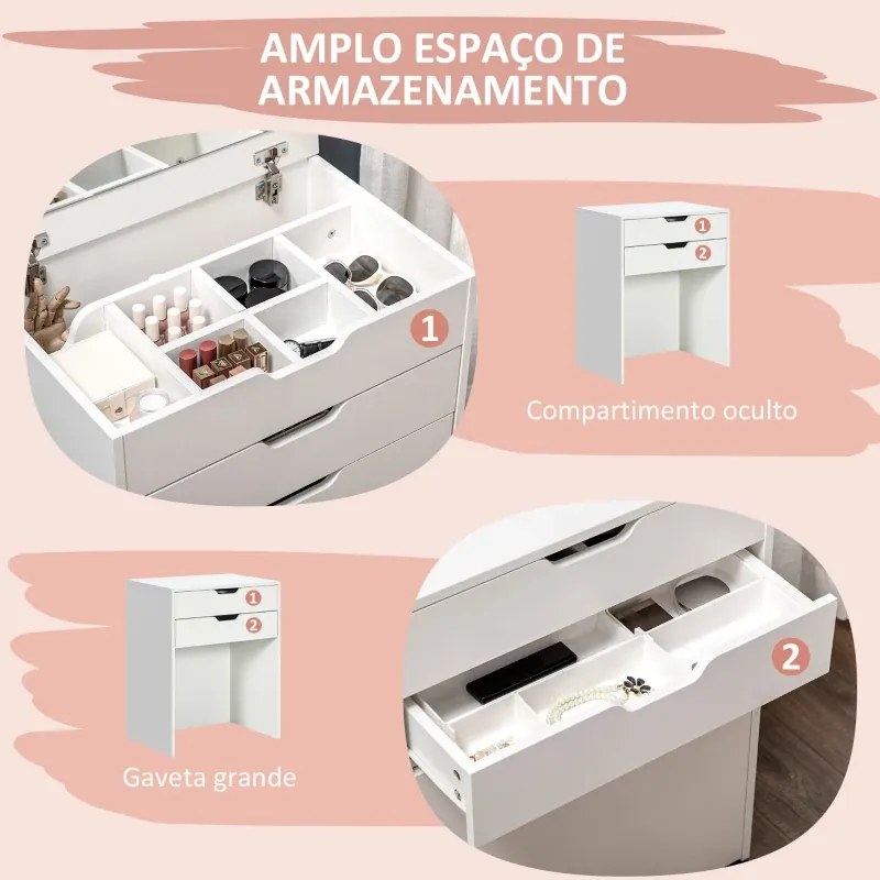 Toucador com Banco Oculto e Espelho Rebatível Mesa de Maquilhagem com Gaveta e 7 Compartimentos Banco Acolchoado Branco