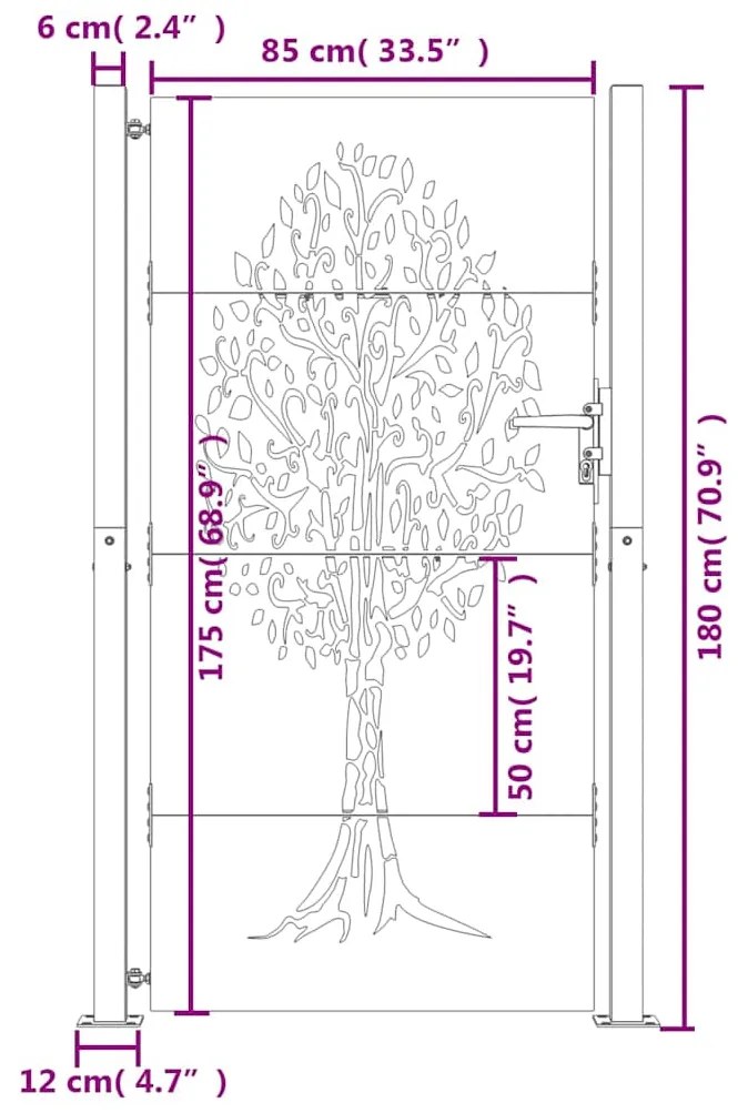 Portão de jardim 105x180 cm aço corten design árvore