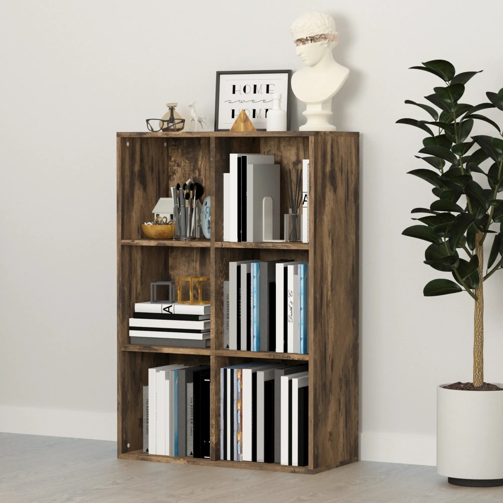 Estante de 3 Níveis Prateleira para Livros com 6 Cubos de Arrumação para Escritório 65,5x30x97,5 cm Castanho Rústico