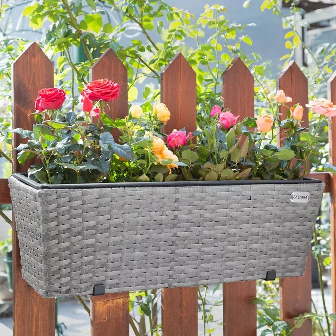 Conjunto 2 vasos de varanda 60 x 20 x 19 cm para flores Polyrattan cinzento