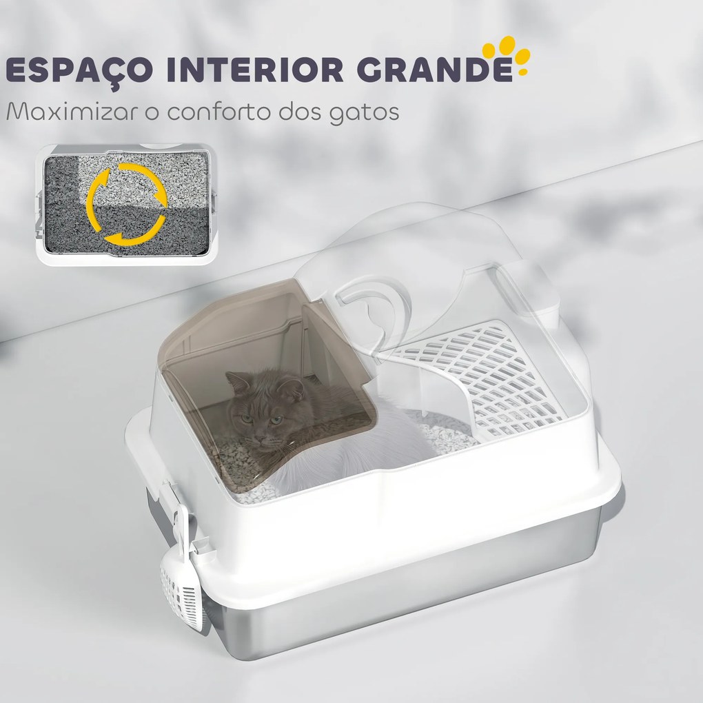 Caixa de Areia para Gatos Fechada com Bandeja de Aço Inoxidável Tampa Removível Bordos Altos e Pá 60,5x40,5x42 cm Branco